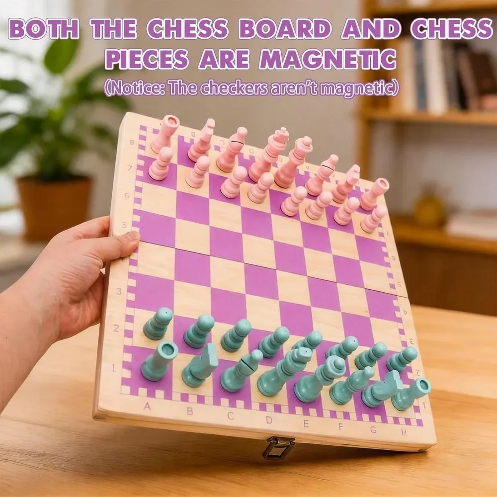 2 in 1 Wooden Chess and Checkers Set Magnetic – 15 inch Folding Board Game